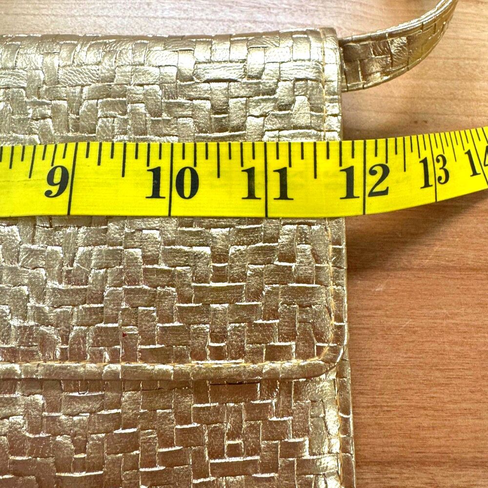 Gold Woven PU Vegan Leather Metallic Lined Convertible Clutch Removable Strap - Picture 7 of 10